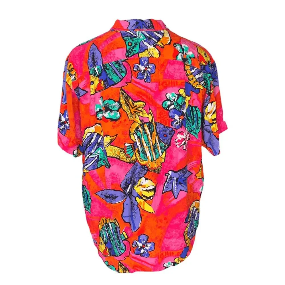 Vintage Hilo Hattie Hawaiian Fish Print Rayon Shirt‎ Pink Tropical XL Unisex